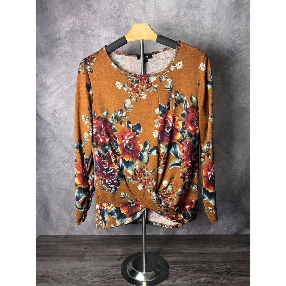 Alyx Floral Twist Front Ruched Sleeve Rust Brown Long Sleeve Top Size Small